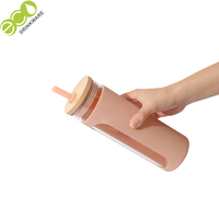 Gobelet à eau en verre Borosilicate en bambou, avec manches en silicone et paille, logo personnalisé OEM, sans BPA, 600ML/21oz, GA2010