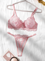 Ensemble de Lingerie Sexy Brodé Soutien-Gorge et String pour Femme, Bonnets 3/4 Push-up, en Maille Transparente, Motif Floral, Bretelles Réglables