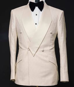 Özel Yapım Krem Rengi Jakarlı Kruvaze Sivri Yaka Smokin Ceket, Erkek Lüks Düğün Yemeği Takım Elbise Blazer'ı - Product Image 2