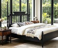 Lit de Luxe Queen Size en Bois Noir avec Cadre à Baldaquin, Rangement Intégré, Tête de Lit à Lattes et Sommier à Vis, Style Mid-Century Moderne et Confortable