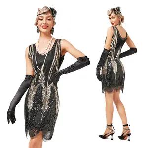 1920s Винтаж откидные девушки Гэтсби женское вечернее платье макси с u-образным вырезом без рукавов с блестками; Платья с кисточками для роковой