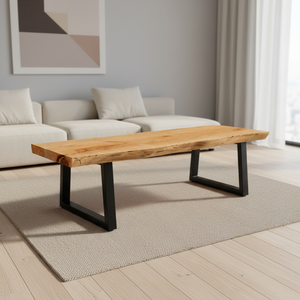Mesa de Centro de Madera Maciza con Borde Natural y Patas de Acero Industriales, Muebles Premium para Espacios Modernos - Product Image 1
