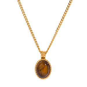 Collier pendentif ovale en acier inoxydable avec œil de tigre, chaîne dorée, serti clos, bijoux pour femmes, colliers tendance - Product Image 5