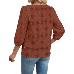 Blusa de encaje para mujer, manga 3/4, estampado floral, top informal, color caramelo, uso diario - Product Image 3