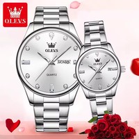 OLEVS jam tangan kuarsa asli pria dan wanita, arloji pasangan romantis tanggal tahan air Stainless Steel mewah 3621