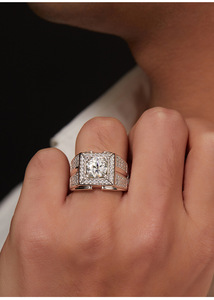 Men's Yellow <b>Gold</b> Plated Moissanite <b>Cocktail</b> <b>Ring</b> Round Brilliant Cut Geometric Design Pave Setting Luxury Style - Product Image 6