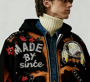 Vestes isolées à capuche pour hommes, style streetwear, personnalisées avec <span class=keywords><strong>strass</strong></span> brodés, effet vieilli, délavées, en tapisserie épaisse, avec fermeture éclair <span class=keywords><strong>et</strong></span> déchirées - Product Image 4