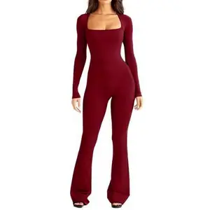 2024 Fashion Seamless Set Women's Long Sleeve Deep Square Neck Whole Yoga Fitness Wear Flared Pants Bodysuit Jumpsuits For Women