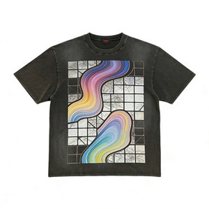 <span class=keywords><strong>T</strong></span>-shirt vintage noir délavé à manches courtes avec motif dégradé coloré et motif mosaïque, décontracté unisexe, col rond - Product Image 3