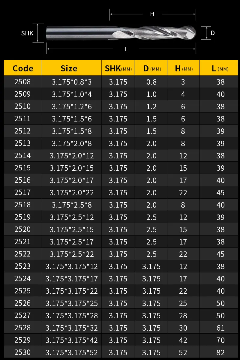 Huhao 3.175Mm Bóng Mũi Hai Flutes Xoắn Ốc Tungsten Carbide Thép Khoan Bit CNC Bóng End Router Cutter 4 Mm 6Mm