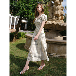 Sample Coustomization Beige Polka Dot Vintage Empire Waist <strong>Dress</strong> for <strong>Women</strong> New Gentle Mandarin <strong>Collar</strong> Ruffle Elegant Regular - Product Image 3