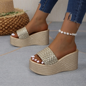 Sandales mules compensées tressées pour femme, plateforme métallique, bout ouvert, confortables et décontractées, collection été 2026, vente en gros - Product Image 2