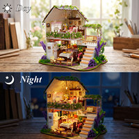 Kit de maison miniature DIY Minihaven, Cottage aux fleurs violettes, boîte de maison de poupée à 2 étages, artisanat pour adultes