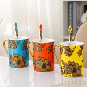 Sáng Tạo Retro khuôn mẫu magiê gốm Mug với Vàng cạnh công suất lớn cốc cà phê