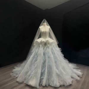 Vestido de Novia Moderno NT78 Princesa Halter con Volantes, Apliques Florales de Cristal, Cola Capilla de Encaje, Azul para Fiesta - Product Image 1