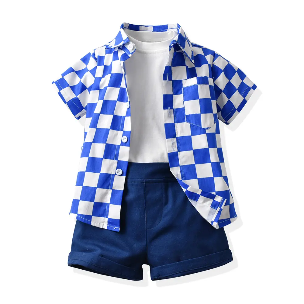 Ensemble court à carreaux bleu pour enfants, chemise à boutons en coton, T-shirt blanc, short de genou, ensemble de costume pour enfants 3 pièces