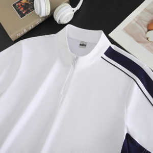 Camiseta de punto de manga corta para hombre, bicolor, con media cremallera y cuello simulado, 220g, algodón mercerizado, ajuste holgado, informal, transpirable, para fitness - Product Image 1