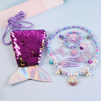 Ensemble de bijoux Princesse Sirène : Sac à paillettes, Collier, Bracelet, Boucles d'oreilles à clip, Bague, Pinces à cheveux – Coffret cadeau d'anniversaire pour filles, Vente en gros