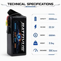 بطارية BATTIVUS 22.2 فولت 30000 مللي أمبير 6S1P 666 واط ساعة للطائرات بدون طيار، 191 واط ساعة لكل كيلوجرام، للاستخدام الصناعي والزراعة، متوافقة مع UN38.3 MSDS