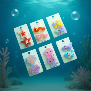 Barrettes à cheveux série Océan, en plastique, représentant des créatures marines, pour enfants et filles, mignonnes, avec emballage décoratif en carton. - Product Image 2