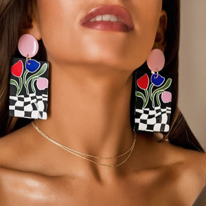 Fashion Acrylic <b>Dangle</b> <b>Earrings</b> Floral <b>Black</b> White Checkered Pink Blue Red Tulips Statement Jewelry Women's Party Trendy - Product Image 3