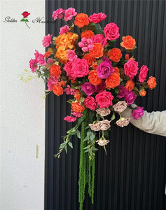 Composizione Floreale Artigianale di Alta Qualità, Rose in Seta <span class=keywords><strong>Rosa</strong></span> Caldo e Arancione, Decorazione per Sfondo Matrimoniale - Product Image 3