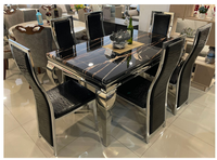 Table à manger rectangulaire moderne en marbre avec ensemble de chaises de salle à manger en acier inoxydable et cuir PU noir pour cuisine, hôtel, salle de banquet