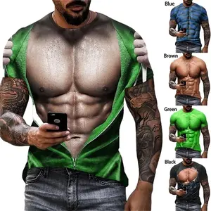 3D印花男士搞笑肌肉图形t恤短袖休闲个性t恤上衣街装全印花男士t恤衣服