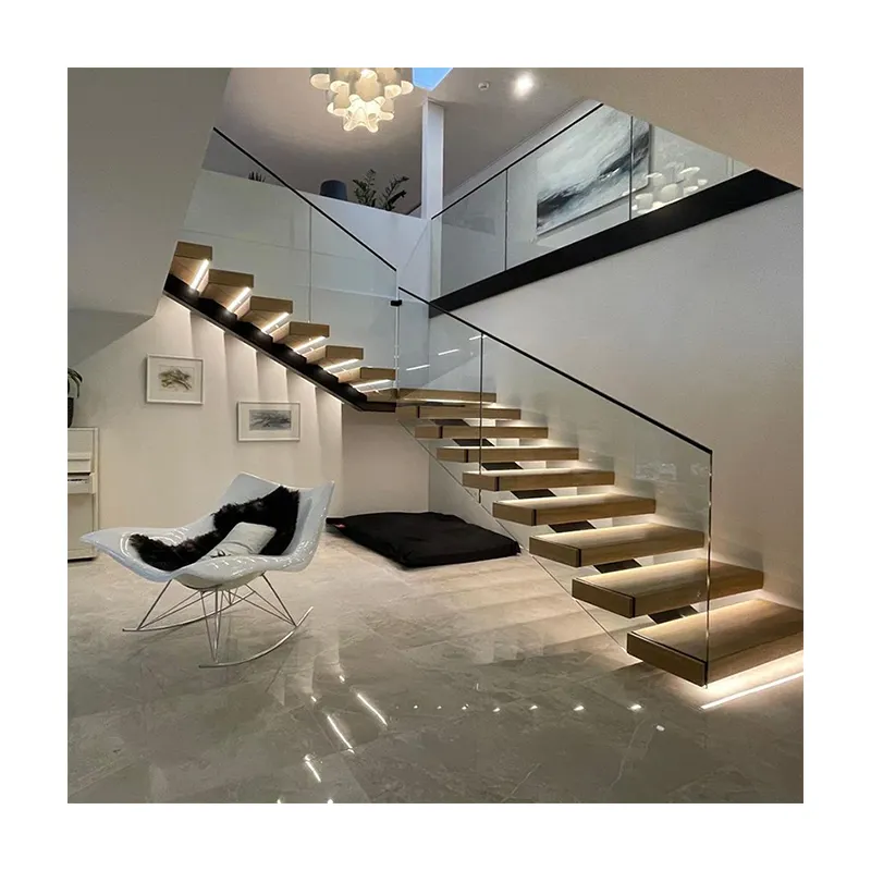 Alucasa Australian Style Indoor Glass Wood Staircase Floating Straight Stairs with Led Tread