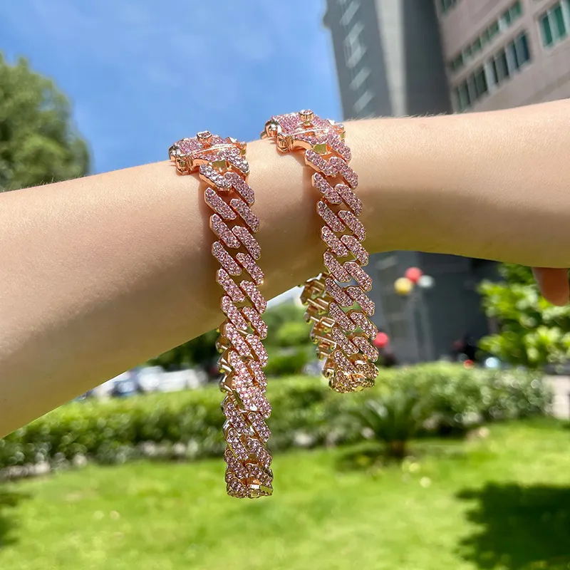 Dây Chuyền Cuba Màu Hồng 12Mm Iced Out Rhinestone Kẽm Hợp Kim Rose Gold Mạ Miami Cuban Liên Kết Chuỗi Vòng Cổ Trang Sức Bán Buôn