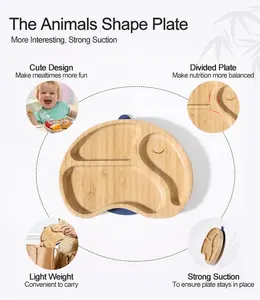 Platos de succión sin BPA personalizados para alimentación de bebés con forma de dibujos animados para niños, plato de madera para bebés, vajilla de bambú, juego de comer para bebés