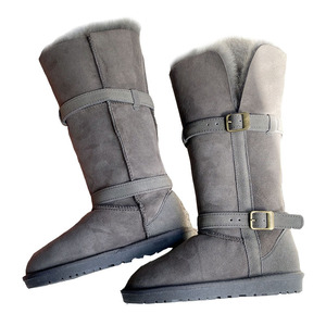 Bottes de neige hautes pour femmes, hiver, luxe haut de gamme, revers rabattables, cuir véritable, boucle, style motard, doublure en fourrure, coton épais - Product Image 2