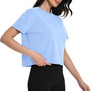 Sexy Women's Light Blue <b>Cropped</b> T-Shirt Short Sleeve Gym <b>Top</b> Solid Color Box Fit Style - Product Image 1