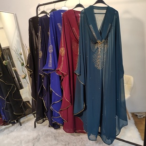 Custom Make Luxury Beaded One Size Abaya <b>Kaftan</b> With Diamond Hoodie Chiffon Solid Color Fabric for Ramadan 6227# - Product Image 3