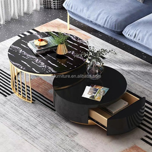 Luxury Round <b>Nesting</b> <b>Coffee</b> <b>Table</b> <b>Set</b> of 2 Sintered Stone Top Gold Stainless Steel Frame with Storage Drawer For Living Room - Product Image 6