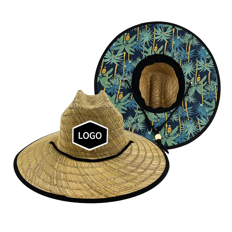 Kustom Logo Unisex Sombreros De Paja grosir topi jerami pria Usa lebar penuh dengan rumput berongga alami penjaga pantai topi jerami kustom