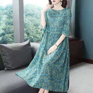 Floral Print Women's <b>Dress</b> Mid Length <b>Elastic</b> Waist O Neck Breathable Casual Daily Wear Leisure Style - Product Image 1