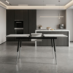 Modern Extendable Marble Dining <b>Table</b> White Top Butterfly Mechanisma Black Chrome Metal <b>Legs</b> Space Saving Furniture for 6-8 Pers - Product Image 3