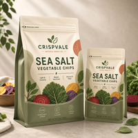 Sachet refermable de qualité alimentaire supérieure, imprimé sur mesure, pour chips de légumes au sel marin, fond plat, scellé sur huit côtés