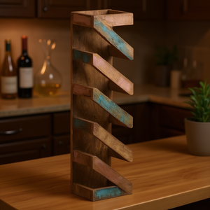 Porte-vin en bois massif recyclé, 5 bouteilles, support de présentation rustique fait à la main - Product Image 2