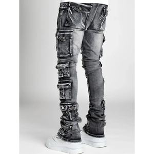 Jeans de Hombre Apilados Irregularmente, Diseño Personalizado al por Mayor, Lavado a la Piedra, Estilo Desgastado, Corte Recto Medio para Otoño/Invierno, Patchwork - Product Image 3