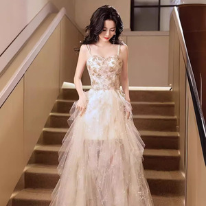 Champagne Halter Neck Evening Gown Empire Waist 3D Floral Ball Gown For Coming Of Age Birthday Graduation - Product Image 2