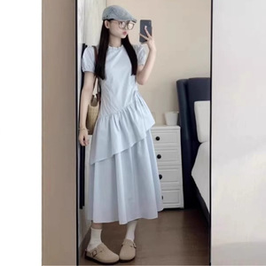French Style Gentle Short Sleeve Light Blue Dress <b>Elastic</b> Waist Crew Neck Asymmetric Tiered <b>Skirt</b> Solid Color Daily Casual Dress - Product Image 3