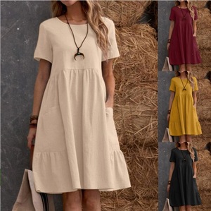 Women's <b>Loose</b> Fit Cotton Linen <b>Dress</b> Summer Round Neck Short Sleeve Casual <b>Dress</b> With Pockets - Product Image 2