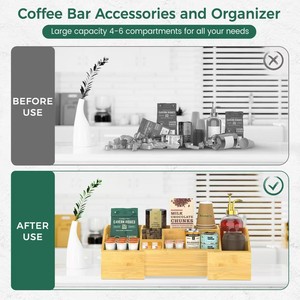 Caja de almacenamiento de bambú para escritorio con múltiples compartimentos, organizador extensible para refrigerios, soporte para vasos de papel y condimentos para mostrador de cafetería - Product Image 4