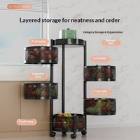 Étagère de rangement de cuisine multifonctionnelle rotative en métal avec poulie, chariot à collation sur pied à 5 niveaux et panier à fruits et légumes