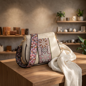 Sac bandoulière de luxe personnalisé vintage, style Jaipur, en raphia tressé brodé géométrique, avec fermeture éclair et large sangle de guitare, pour femme, idéal pour les voyages - Product Image 4