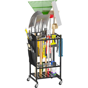 Gardening tool organizer, heavy-duty garage tool <b>rack</b> with casters and hooks, yard storage <b>rack</b>. - Product Image 1
