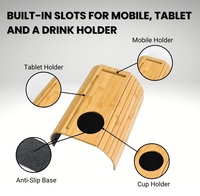 Plateau de canapé pliable en bambou avec porte-gobelet et base antidérapante, support de bras de canapé pour collations, boissons, télécommandes et téléphone