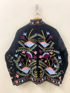 Handmade Grey Velvet Suzani Jacket Hand Embroidered Animal Print Cotton Vintage Artisan Bohemian Winter Fashion India Supplier - Product Image 2